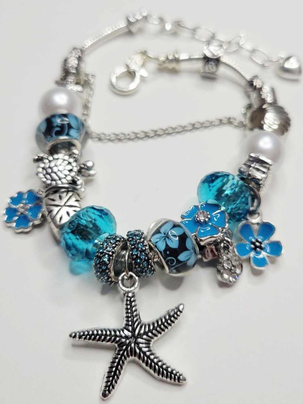 New Custom Pandora Style Beach Charm Bracelet Silver And Blue Turtles Starfish